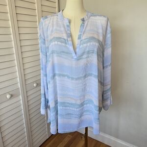 TruSelf Blue‎ Green Watercolor Striped Tunic Top Size 3X Split Neck Coastal Boho